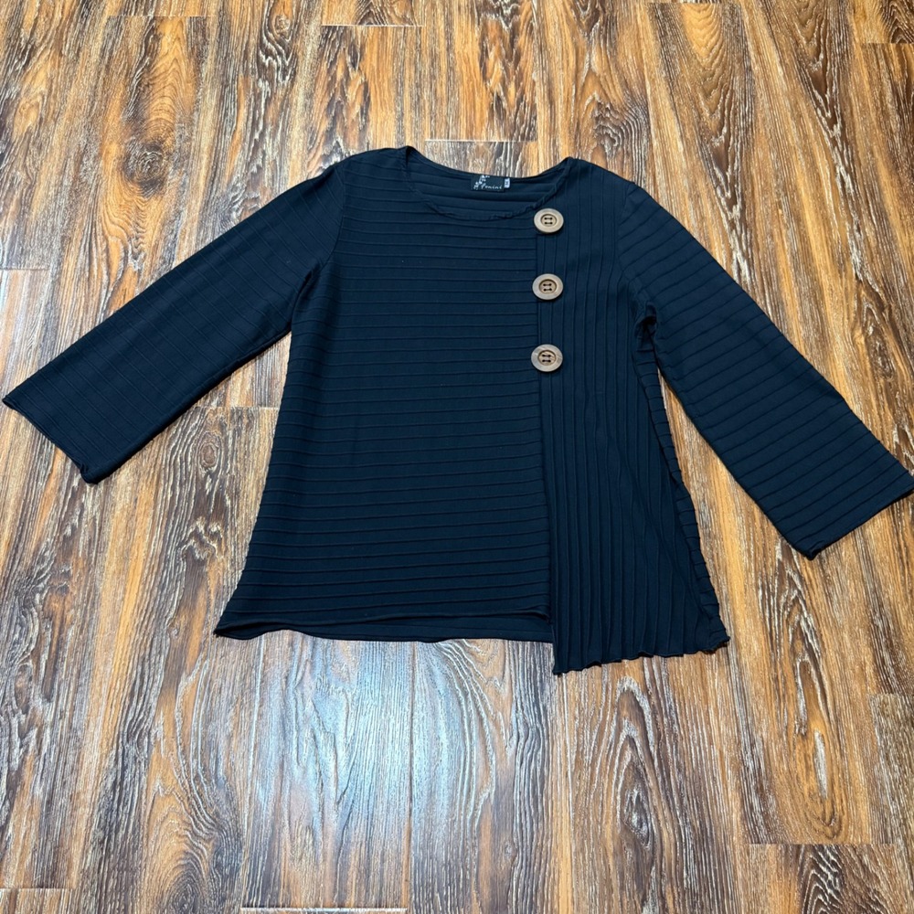 Fenini Womens Black Ribbed Knit Asymmetrical Top Oversized Buttons Size M
